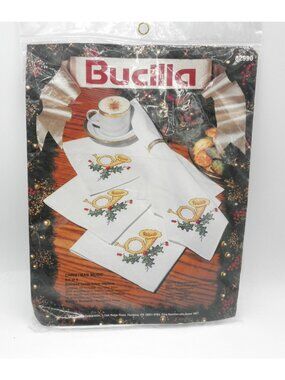 VTG Bucilla Christmas Music Stamped Cross Stitch Kit Make 8 Napkins 82990